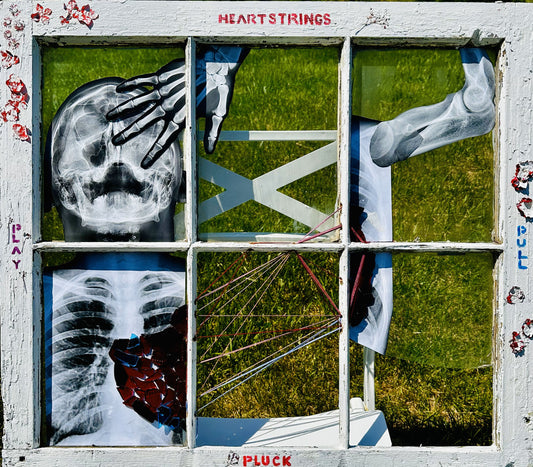 Heartstrings - Mixed Media Collage on Restored Window Pane