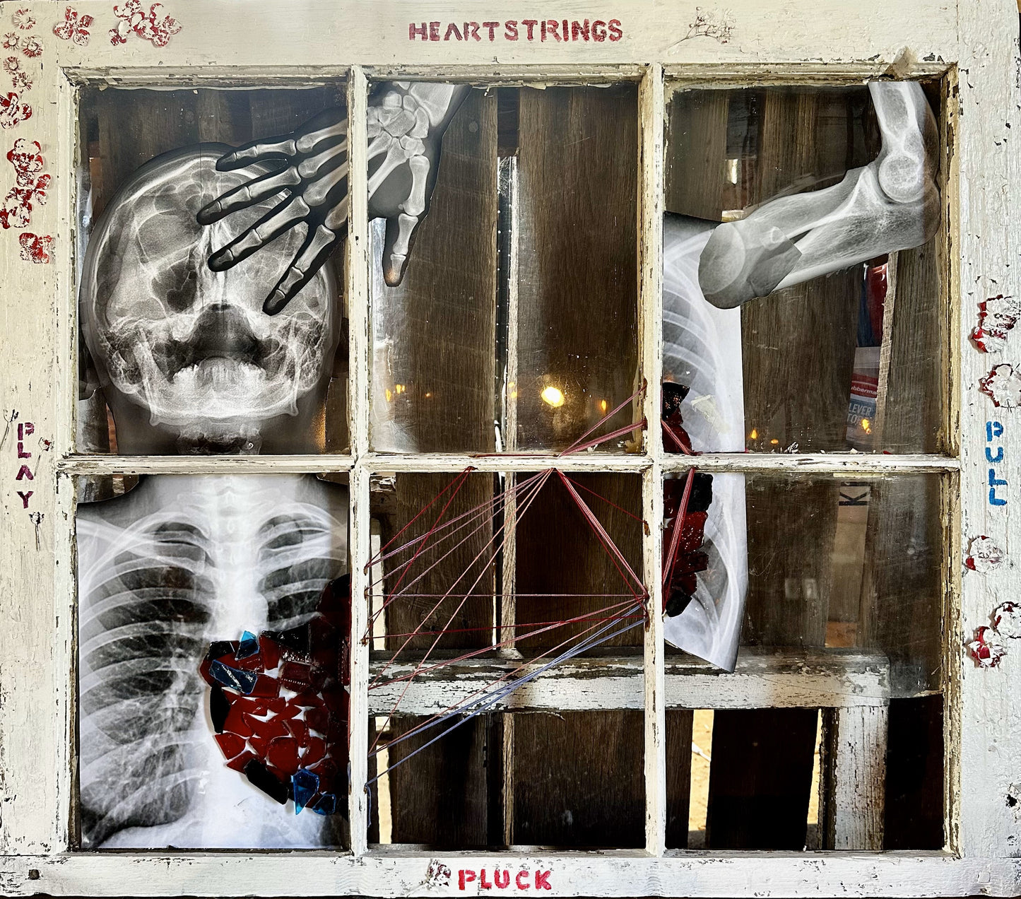 Heartstrings - Mixed Media Collage on Restored Window Pane