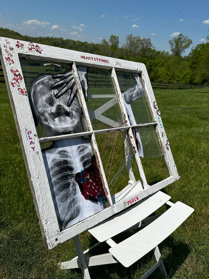 Heartstrings - Mixed Media Collage on Restored Window Pane